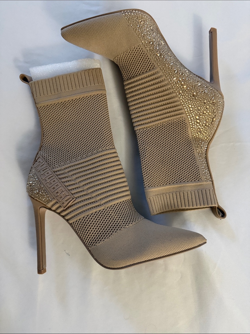 Women's Nude Knit Stiletto Booties with Embellished Heel